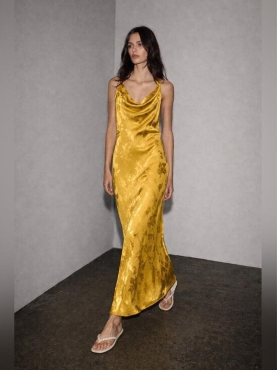 Zara Dresses & Skirts - ZARA Satin Floral Jacquard Midi Maxi Dress Open Back Golden 8579/512